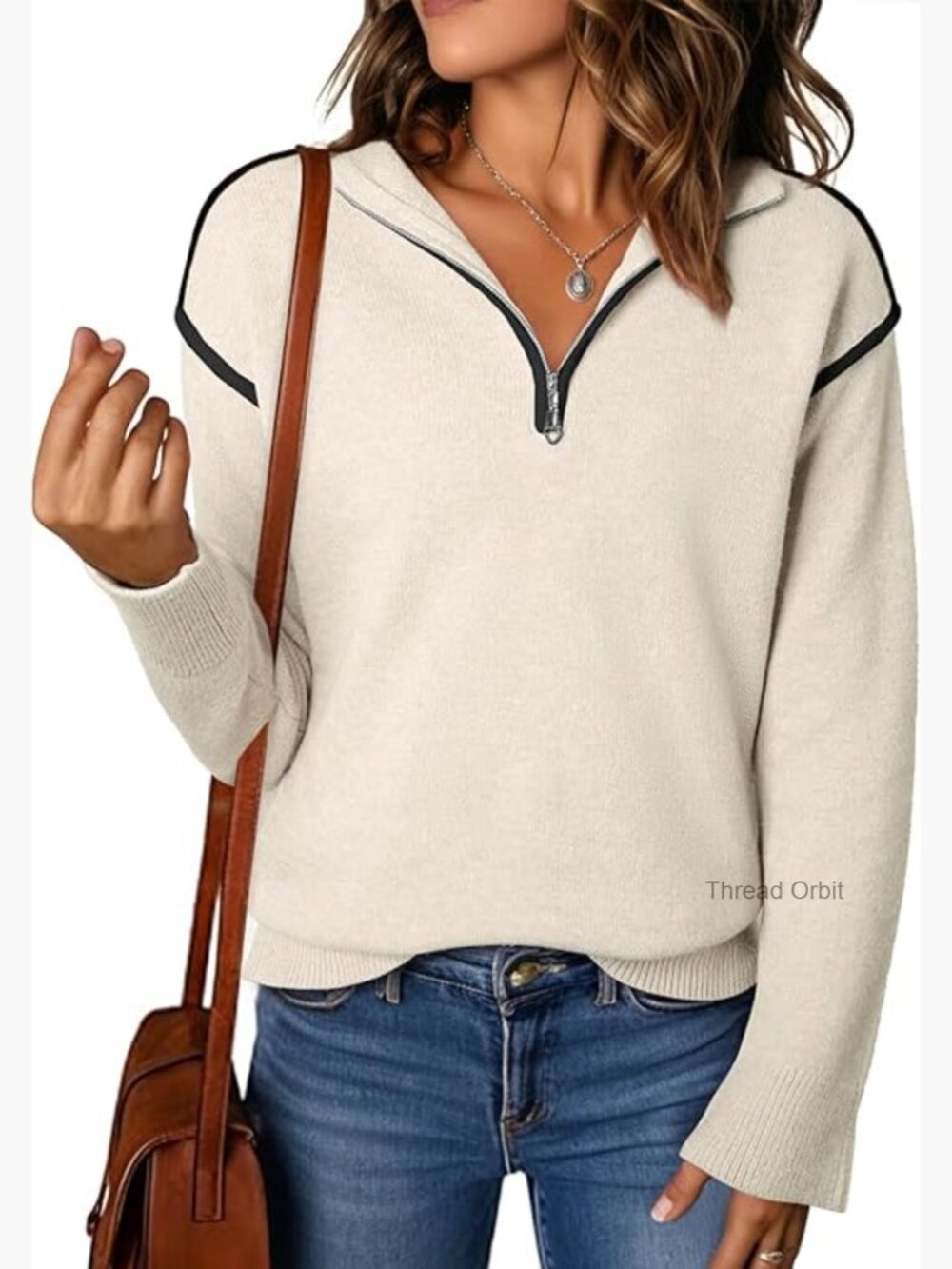 Quarter Zip Pullover Sweater V-Neck Long Sleeve Ribbed Knit Loose Fit